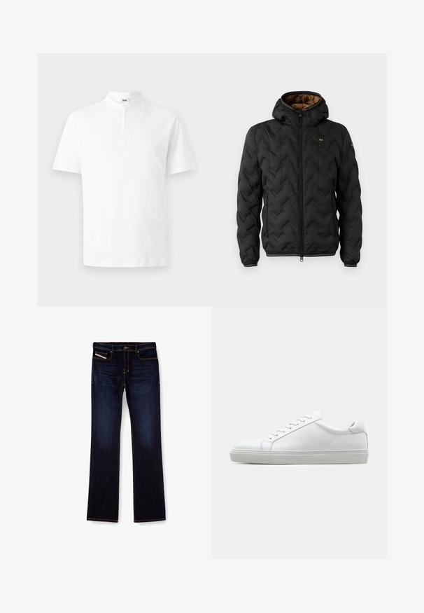 Melna pūkaina jaka ar kapuci, ar izšūtu chevron rakstu, rāvējslēdzēja priekšpusi un elastīgām piedurknēm. Brūns iekšējais oderējums un logo detaļa.; Balta īsām piedurknēm izgatavota kokvilnas krekls, aprīkots ar stāvo kaklu un pogu aizdari, taisna apakšmala. Vienkāršs dizains, gluda tekstūra.; Tumši zili džinsi ar taisnu kāju griezumu, ar oranžiem diegiem, ar rāvējslēdzēja aizdari un priekšējām kabatām. Gluda auduma tekstūra un standarta jostasvieta.; Baltie sporta apavi ar gludu ādas virsu un zemu profilu. Iezīmējas ar noapaļotu purngalu, sešām acīm un teksturētu gumijas zoli.