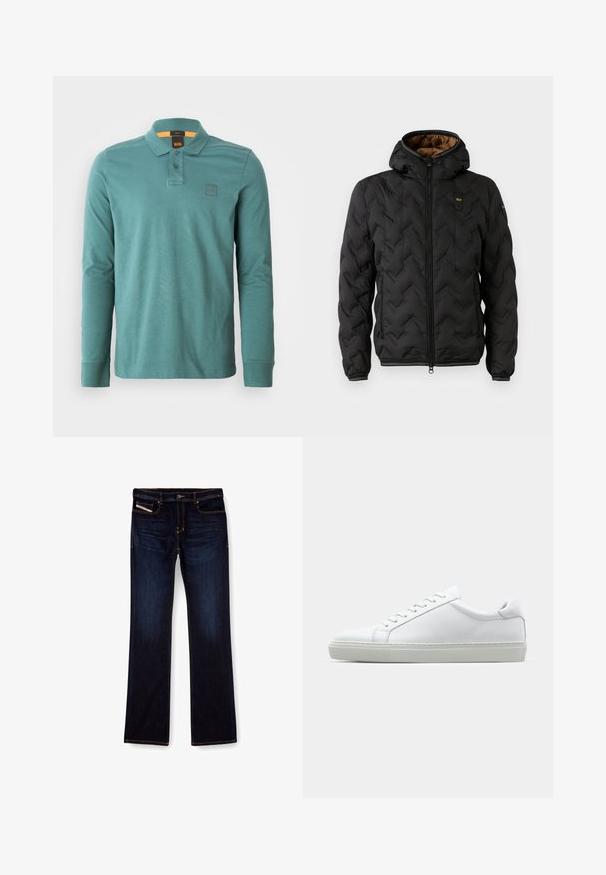 Juodas pūkinis švarkas su kapišonu, pasižymintis iškuldyta chevron raštu, užtrauktuku priekyje ir elastingomis rankovėmis. Ruda vidinė pamušalo spalva ir logotipo detalė.; Teal spalvos medvilnės polo marškiniai ilgomis rankovėmis. Ypatybės: apykaklė, du mygtukai ir mažas logotipas ant kairės krūtinės.; Tamsiai mėlynos džinsinės kelnes su tiesiu kirpimu, su oranžiniu siuvu, užtrauktuku ir priekinėmis kišenėmis. Lygi tekstūra ir standartinė juosmens dalis.; Baltas sportinis batelis su lygiu odiniu paviršiumi ir žemu profiliu. Turi suapvalintą pirštą, šešis akių skyrius ir tekstūruotą gumos padą.