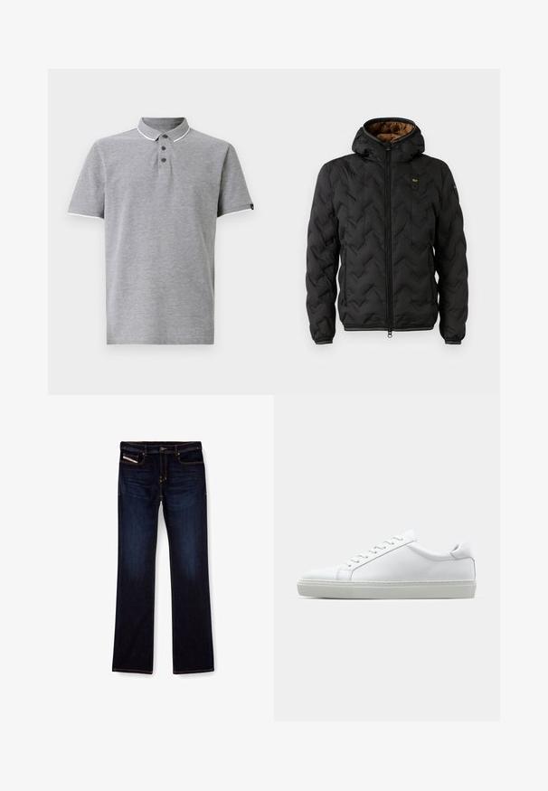 Juodas pūkinis švarkas su kapišonu, pasižymintis iškuldyta chevron raštu, užtrauktuku priekyje ir elastingomis rankovėmis. Ruda vidinė pamušalo spalva ir logotipo detalė.; Pilkas polo marškinėliai su apykakle, turintys triukšmo mygtukų paslėpimą, baltus akcentus ant apykaklės ir rankovių, ir minkštą tekstūrą.; Tamsiai mėlynos džinsinės kelnes su tiesiu kirpimu, su oranžiniu siuvu, užtrauktuku ir priekinėmis kišenėmis. Lygi tekstūra ir standartinė juosmens dalis.; Baltas sportinis batelis su lygiu odiniu paviršiumi ir žemu profiliu. Turi suapvalintą pirštą, šešis akių skyrius ir tekstūruotą gumos padą.