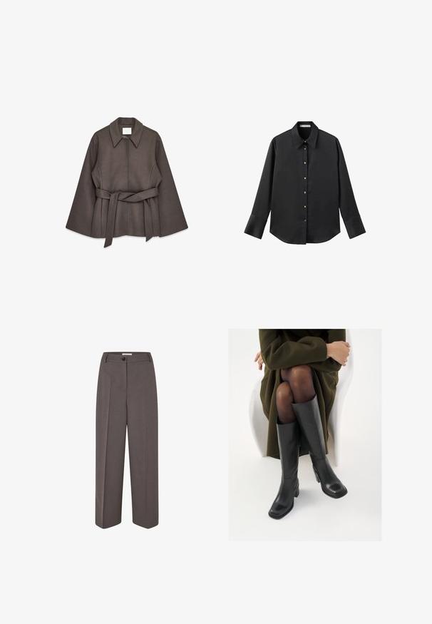 Bruine buitenjas met riem, een gestructureerde kraag, lange mouwen en een gladde textuur. Heeft een rechte snit en een minimalistisch ontwerp.; Zwarte lange mouwen shirt van gladde stof, met een klassieke kraag, een sluiting met knopen aan de voorkant met gouden knopen en brede manchetten.; Brede, high-waist bruine broeken met voorplooien, riemlussen, knoopsluiting en een gladde stoftextuur.; Knieschijf hoge zwarte leren laarzen met een vierkante neus en blokhak, getoond met een model dat zit in een olijfgroene jas. Gladde textuur, minimale details.