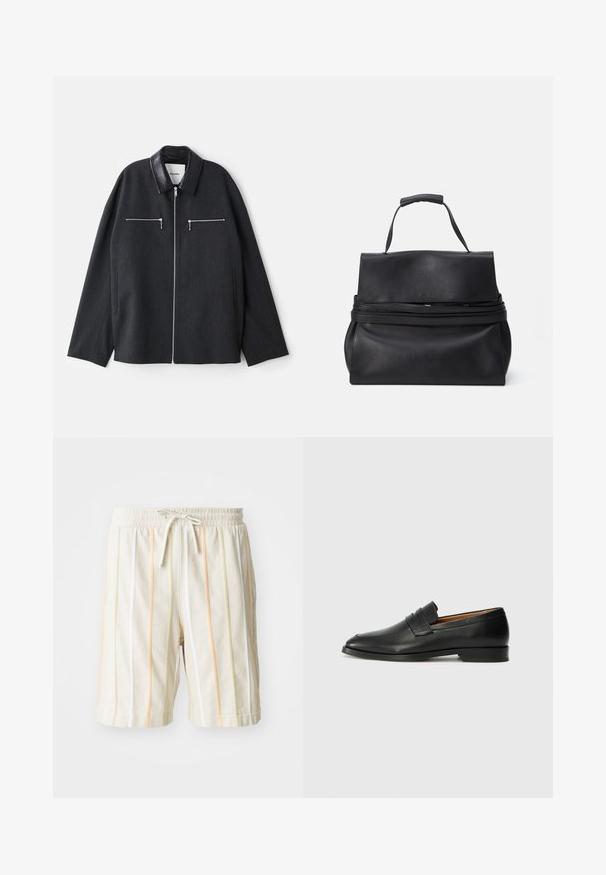 Mørkegrå jakke med læderkrave, frontlynlås og to lynlåslommer på brystet. Lavet af et struktureret stof med en løs pasform.; Langærmet skjorte i blå og hvid ternet mønster. Har en klassisk krave, knaplukning foran og blå knapper. Materialet er en bomuldsblandning.; Hvide letvægts shorts med lodrette striber i orange, gul og grøn. Har en elastisk talje med snørelukning.; Sort læder loafer med rund tå, diskret syning, og lav hæl, der har en glat tekstur og minimalistisk design.; Sort læderhåndtaske med et struktureret design, udstyret med et håndtag på toppen, lynlåslukning og en glat tekstur. Enkel logoaccent på forsiden.