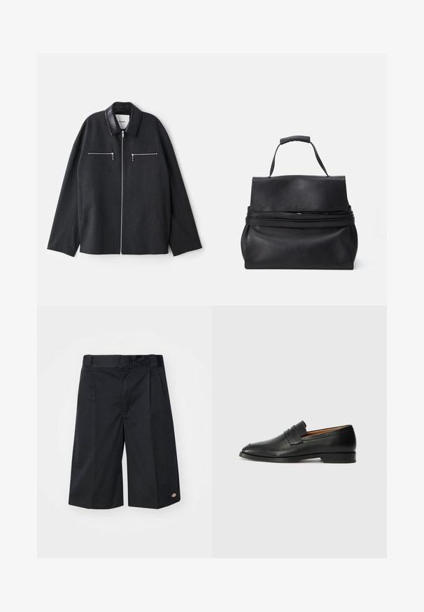 Jachetă de culoare gri închis cu guler din piele, fermoar frontal și două buzunare pe piept cu fermoar. Fabricată dintr-un material texturat, cu o croială lejeră.; Cămașă albă simplă cu mânecă lungă, cu un decolteu rotund și un eticheta "CLOSED" la guler, așezată pe o fundal alb.; Pantaloni scurți negri cu un design personalizat, care prezintă pliuri frontale plate, un talie standard și buzunare laterale. Realizați dintr-un material rezistent.; Lofer din piele neagră, cu vârf rotund, detalii cusute subtile și toc jos, având o textură netedă și un design minimalist.; Geantă de mână din piele neagră, cu un design structurat, având un mâner superior, închidere cu fermoar și o textură netedă. Accentuare simplă a logo-ului pe partea din față.