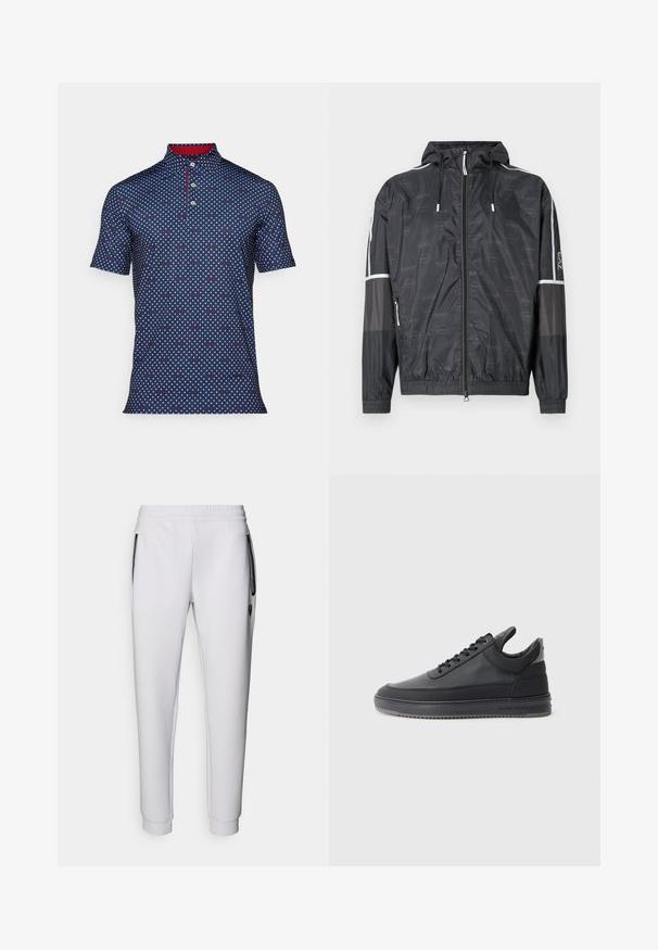 Musta kevyt takki hupulla. Ominaisuuksia ovat heijastavat yksityiskohdat, vetoketjusuljenta ja elastiset hihansuut. Rakenteellinen materiaali, jossa on logopaino.; Pikuvaalein navy-polo paita, jossa on kaulus, valkoisia ja punaisia timanttikuvioita, nappilista ja kontrastoiva punainen sisäkaulus. Lyhyet hihat.; Valkoiset verkkarit, joissa on joustava vyötärönauha, kaksi sivutaskua, mustat vetoketjuyksityiskohdat ja ribbaus nilkoissa. Sileä pinta.; Musta nahkasneakerit, joissa on teksturoitu pinta, nauhakiinnitys, matala varsi ja harmaa kumipohja, jossa on uurrettu reuna.