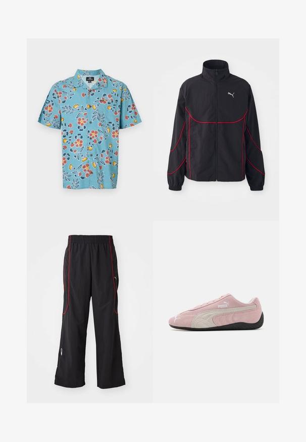 Giacca nera con accenti rossi, colletto alto, cerniera completa, maniche lunghe e polsini elasticizzati. Presenta un piccolo logo sul petto.; Camicetta azzurro chiaro a maniche corte con un motivo floreale in rosso, giallo e blu scuro, dotata di colletto classico e chiusura a bottoni.; Tre magliette di cotone bianche semplici con maniche corte. Ogni maglietta presenta un collo rotondo e un piccolo etichetta logo nera sul lato sinistro.; Pantaloni sportivi neri con vita elastica, piping rosso sui lati, tasche con zip e vestibilità ampia. Realizzati in materiale leggero e testurizzato.; Sneaker in suede rosa con accenti grigi, design aerodinamico, tomaia texturizzata e suola in gomma nera. Presenta il logo Puma sul lato.