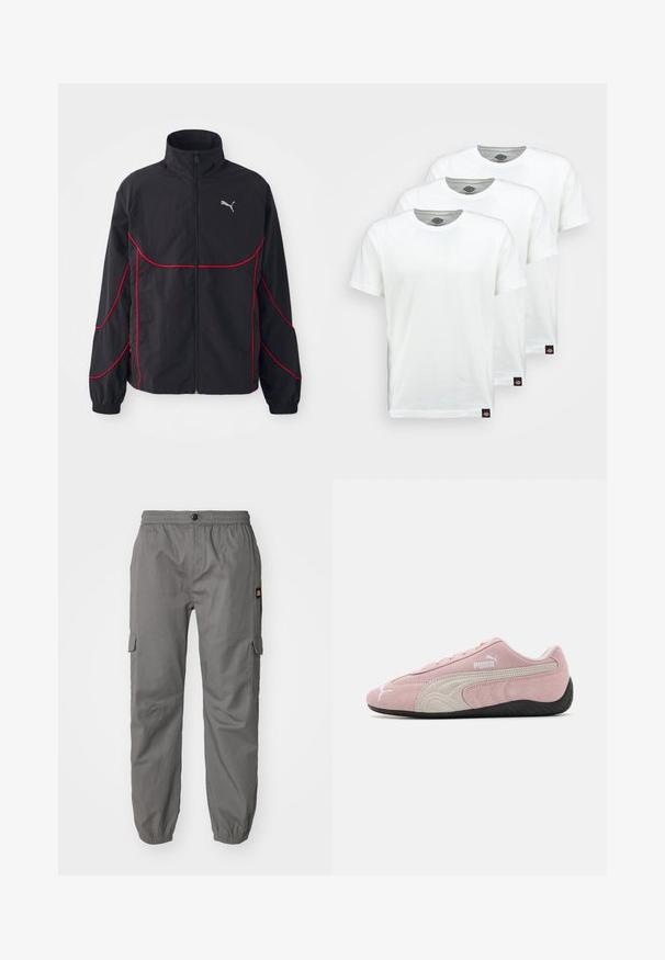 Čierna bunda s červenými akcentmi, vysoký golier, plný zips, dlhé rukávy a elastické manžety. Obsahuje malé logo na hrudi.; Tri obyčajné biele bavlnené tričká s krátkym rukávom. Každé tričko má okrúhly výstrih a malú čiernu nálepku s logom na ľavej strane.; Sivé cargo nohavice s elastickým pásom, zapínaním na gombík a bočnými vreckami. Tkanina sa javí ako ľahká s hladkou textúrou.; Ružové semišové tenisky s šedými akcentmi, štíhly dizajn, textúrovaný zvršok a čierna gumová podošva. Na boku sa nachádza logo Puma.