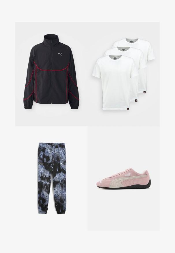 Melnā jaka ar sarkaniem akcentiem, augsts apkakle, pilna rāvējslēdzējs, garas piedurknes un elastīgas aproces. Iekļauj mazu logo uz krūtīm.; Trīs vienkārši balti kokvilnas T-krekli ar īsām piedurknēm. Katram kreklam ir apaļa apkakle un mazs melns logo uzlīme kreisajā pusē.; Mīkstas auduma bikses ar zilu, melnu un pelēku abstraktu rakstu, elastīgu jostu un sašaurinātām potītēm. Iekļauti Puma un BMW logo.; Rozā zamšādas sporta apavi ar pelēkiem akcentiem, plūstošs dizains, teksturēta virsma un melna gumijas zole. Sānos redzama Puma emblēma.
