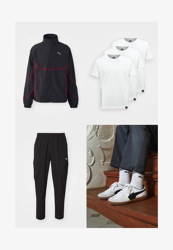 Fekete dzseki piros részletekkel, magas gallérral, teljes cipzárral, hosszú ujjal és rugalmas mandzsettával. A mellkason egy kis logó található.; Három sima fehér pamut póló rövid ujjakkal. Mindegyik pólón kerek nyakkivágás található, és a bal oldalon egy kis fekete logó címke van.; Fekete cargo nadrág rugalmas derékkal, oldalsó zsebekkel és karcsú, könnyű anyagból készült. Kényelmes mindennapi viseletre vagy aktív tevékenységekre.; Fehér és fekete velúr Puma sportcipők, barna gumitalppal. Fehér zoknival párosítva, amely fekete logót visel, sötét nadrággal kombinálva.