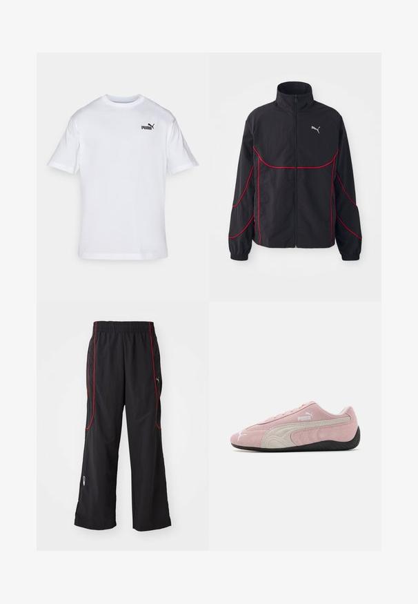 Čierna bunda s červenými akcentmi, vysoký golier, plný zips, dlhé rukávy a elastické manžety. Obsahuje malé logo na hrudi.; Biela bavlnená tričko s krátkymi rukávmi, s čiernym logom Puma na ľavej hrudi. Klasický okrúhly výstrih, štandardný strih, hladká textúra.; Čierne športové nohavice s elastickým pásom, červeným bočným lemovaním, zipsovými vreckami a voľným strihom. Vyrobené z ľahkého, texturovaného materiálu.; Ružové semišové tenisky s šedými akcentmi, štíhly dizajn, textúrovaný zvršok a čierna gumová podošva. Na boku sa nachádza logo Puma.