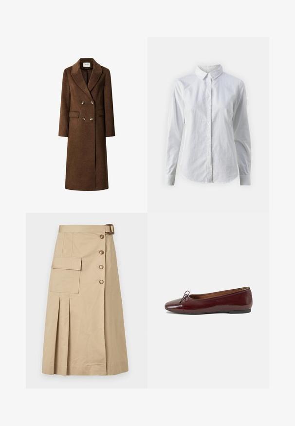 Brown wool-blend double-breasted coat with notched lapels, two front pockets, and metallic buttons. Straight silhouette, knee-length.; White button-up shirt made of smooth cotton, featuring a classic collar, long sleeves, and a curved hem. Buttons are small and white.; Beige knee-length skirt made of cotton blend. Features front buttons, a side pocket, and pleats for structure. Smooth texture.; Burgundy patent leather ballet flat with a rounded toe, small bow accent at the front, and a low, black rubber sole. Smooth texture.