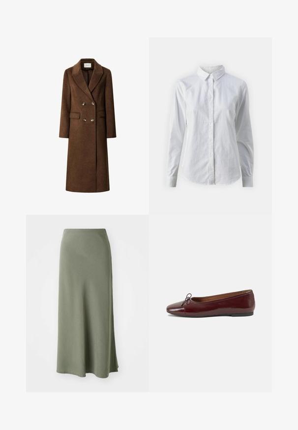 Brun ullblandet dobbelthorvet frakk med notched lapels, to frontlommer og metallknapper. Rett silhuett, kne-lengde.; Hvit skjorte med knapper laget av glatt bomull, med klassisk krage, lange ermer og buet skjær. Knapper er små og hvite.; Olivengrønn, kne-lang skjørt laget av mykt stoff med en jevn tekstur og en utsvingt fasong, med en sidesprekk for bedre bevegelse.; Burgunderrød lakk lær ballettleilighet med rund tå, liten sløyfe foran og en lav, svart gummisåle. Glatt tekstur.