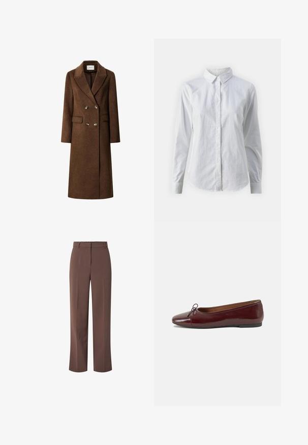 Brown wool-blend double-breasted coat with notched lapels, two front pockets, and metallic buttons. Straight silhouette, knee-length.; White button-up shirt made of smooth cotton, featuring a classic collar, long sleeves, and a curved hem. Buttons are small and white.; Brown high-waist tailored trousers with belt loops and a front zip closure, featuring a straight-leg fit.; Burgundy patent leather ballet flat with a rounded toe, small bow accent at the front, and a low, black rubber sole. Smooth texture.