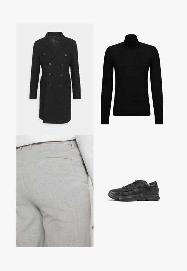 Isaac Dewhirst - Klasyczny płaszcz; Czarny sweter z golfem wykonany z miękkiego materiału, z długimi rękawami i dopasowanym krojem. Żebrowane wykończenie na dolnym brzegu i mankietach. Prosty design.; Jasnoszare, dopasowane spodnie wykonane z fakturowanej tkaniny, z pojedynczą tylną kieszenią i starannym przeszyciem.; Czarne sneakerki wykonane z skóry o teksturowanym wykończeniu, z zaokrąglonym noskiem, sznurówkami oraz grubą gumową podeszwą zapewniającą wsparcie.