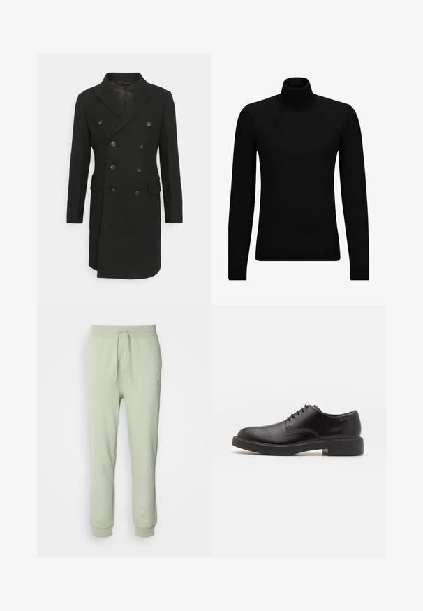 Isaac Dewhirst LONG PEA COAT - Mantel - black; Zwarte coltrui van zacht materiaal, met lange mouwen en een snug fit. Geribbelde afwerking aan de onderkant en mouwen. Eenvoudig ontwerp.; HUGO NOMPIO - Trainingsbroek - light/pastel green; Zwarte leren veterschoen met een ronde neus, een gladde textuur, minimale stiksels en een lage rubberen hak. Logo op de hak.