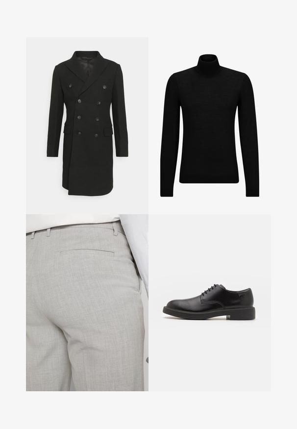 Isaac Dewhirst LONG PEA COAT - Classic coat - black; Black turtleneck sweater made of soft material, featuring long sleeves and a snug fit. Ribbed trim at the hem and cuffs. Simple design.; Light gray tailored trousers made of textured fabric, featuring a single back pocket and clean stitching.; Black leather lace-up shoe with a rounded toe, smooth texture, minimal stitching, and a low rubber heel. Logo on the heel.