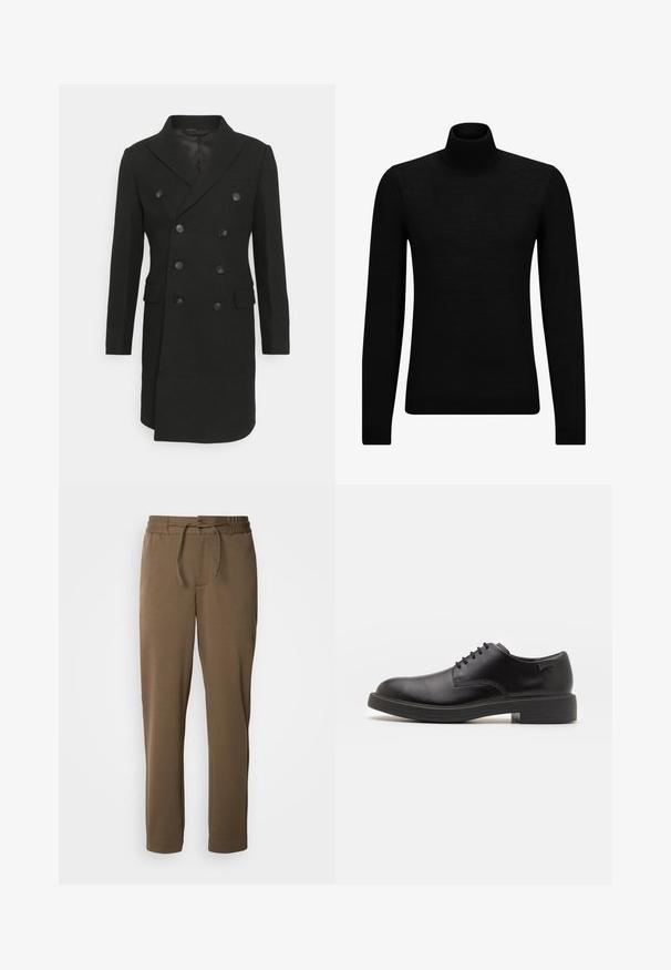 Isaac Dewhirst LONG PEA COAT - Klassisk kåpe / frakk - black; Svart genser med høy hals laget av mykt materiale, med lange ermer og en tettsittende passform. Ribbestrikket kant nederst og ved ermene. Enkelt design.; Brune, avsmalnede joggebukser med elastisk midje og snøring. Myk, glatt tekstur, med sidelommer og et enkelt design.; Svart lær snøre sko med rund tå, glatt tekstur, minimal søm, og lav gummihæl. Logo på hælen.