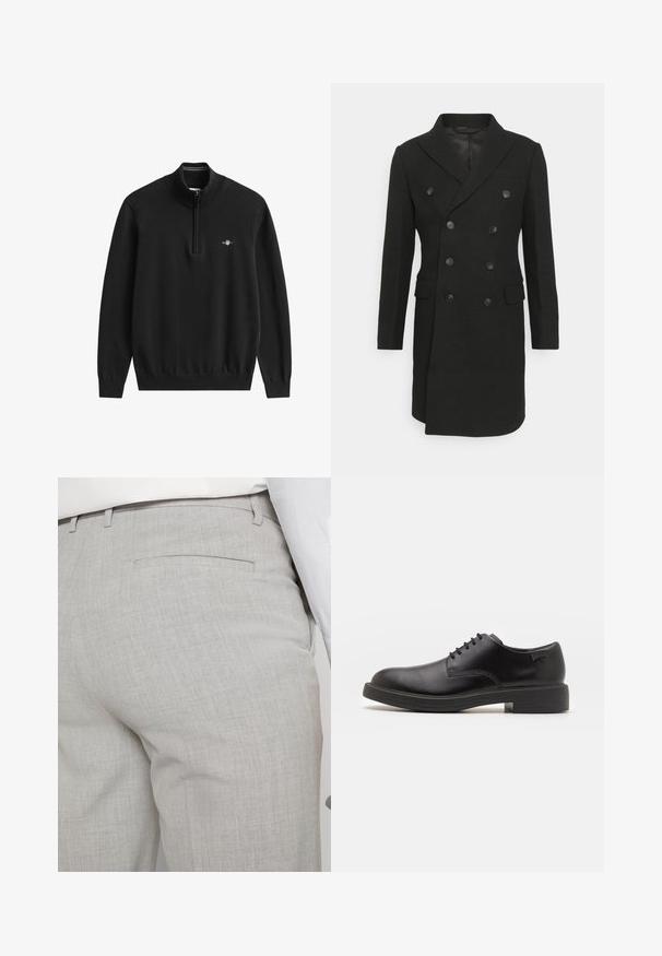 Isaac Dewhirst LONG PEA COAT - Klassikaline mantel - black; Must neljandiku lukuga pullover, valmistatud pehmest kudumkangast. Omab soonikkoes kraed, varrukaid ja allääre ning väikest logo rinnal.; Heledat hallid kohandatud püksid tekstuurse kangaga, millel on üks tagatasku ja puhas õmblus.; Must beemel levalis kingad ümarate varvastega, sileda pinnaga, minimaalsete õmblustega ja madala kummist kontsaga. Logo kontsa peal.