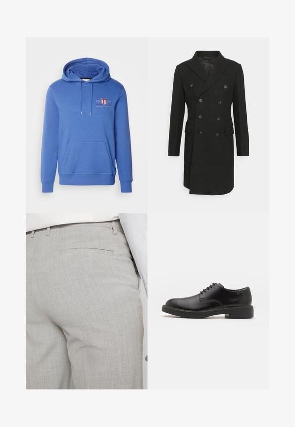 Isaac Dewhirst LONG PEA COAT - Klasični plašč - black; GANT MEDIUM ARCHIVE SHIELD HOODIE - Pulover s kapuco - rich blue; Svetlo sive hlače po meri iz teksturirane tkanine, z enim zadnjim žepom in čistim šivom.; Črne usnjene čipkaste čevlje z zaobljenim nosom, gladko teksturo, minimalnim šitjem in nizkim gumijastim peto. Logo na peti.