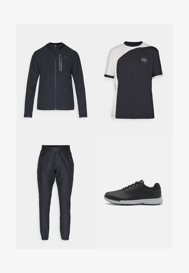 Zwarte lichtgewicht hoodie met volle ritssluiting en verticale ritszak op de linkerkant van de borst, met een klein rond logo.; Korte mouwen t-shirt met een bicolor ontwerp in zwart en wit, met een zachte textuur en een EA7-logo aan de voorkant.; Zwarte sportbroek met taps toelopende benen, elastische tailleband en contrasterende textuurpanelen. Beschikt over logodetails dicht bij de boorden.; Zwarte synthetische golfschoenen met een getextureerde bovenkant, vetersluiting en een grijze loopzool met spikes voor extra grip.