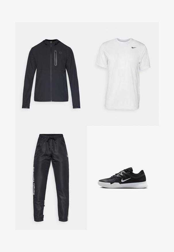 Schwarze, leichte Kapuzenjacke mit durchgehendem Reißverschluss und vertikalem Reißverschlussfach auf der linken Brust, das ein kleines rundes Logo zeigt.; Weißes T-Shirt mit kurzen Ärmeln aus glattem Stoff. Verfügt über einen runden Halsauschnitt und ein kleines schwarzes Nike-Logo auf der linken Brust.; Schwarze Sporthosen aus Stoff mit Kordelzugbund, die weiße Markenlogo auf der Seite und kontrastierende farbige Einsätze am Saum aufweisen.; Schwarzer Sportschuh mit strukturiertem Obermaterial, weißem Nike-Warenzeichen und einer weißen Gummisohle. Verfügt über ein Schnürdesign und eine dynamische Form.