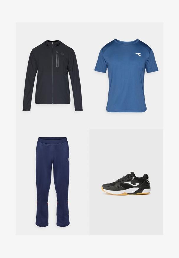 Must must see läbi ja kapuutsiga kerge must jakk, millel on täispikk esivets, ja vertikaalne lukuga tasku vasakul rinnal, millel on väike ümmargune logo.; Meeste sinine lühikeste varrukatega spordisärk raglaanvarrukatega ja väikese valge logoga vasakul rinnal.; Sergio Tacchini ORION PANTS - Dresside alumine osa - navy/red ochre; Mustan värvi sportlik king, mis koosneb võrgust ja sünteetilistest materjalidest; sisaldab valgeid aktsente, tekstureeritud tallat ja ümarat varvaste disaini.