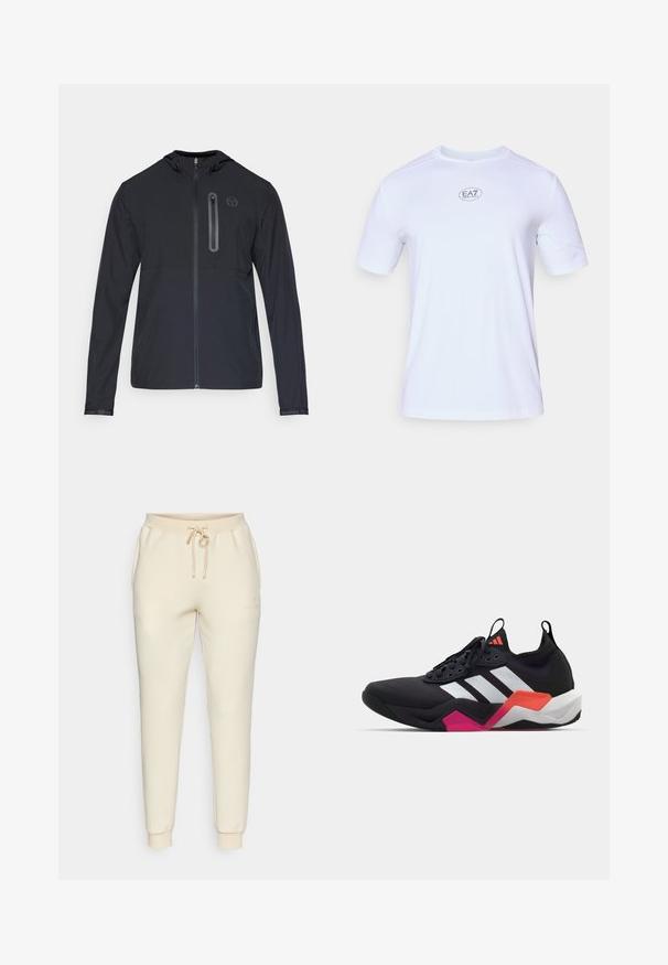 Juodas lengvas gobtuvu užtrauktukas striukė su pilnu priekyje esančiu užtrauktuku ir vertikalia užtrauktuku kišene kairėje krūtinėje, su mažuoju apvaliu logotipu.; Baltas trumpas rankovėmis sportinis marškinėlis, pagamintas iš lengvo, kvėpuojančio tinklelio. Turinti apvalią iškirptę ir apvalų EA7 logotipą ant krūtinės.; Šviesiai rudos spalvos sportinės kelnės su raišteliu juosmens srityje, siaurėjančiomis kojomis ir elastinėmis apykaklėmis. Priekyje, kairėje šlaunyje, yra mažas logotipo detalė.; Juodos sportinės bateliai su baltais dryžiais, tekstūruota viršutinė dalis ir masyvus padas su oranžinėmis, rožinėmis ir baltomis detalėmis. Su raišteliais ir su traukimo juostele.