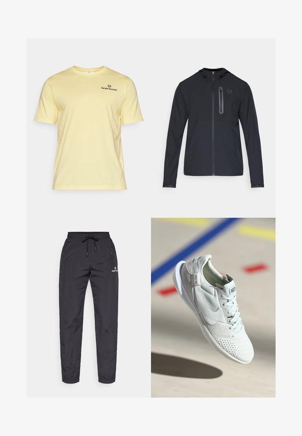 Mustan kevyt hupullinen takki, jossa on täysi etuvetoketju ja pystysuora vetskaretki vasemmassa rinnassa, jossa on pieni ympyrälogo.; Valkoinen keltainen puuvillapaita lyhyillä hihoilla, pyöreällä kaula-aukolla ja pienellä mustalla logolla rinnassa. Pehmeä rakenne ja rento istuvuus.; Mustat, kevyet, vettä hylkivät juoksuhousut, joissa on joustava vyötärö ja säädettävä nyöri. Ominaisuuksiin kuuluvat kapenevat lahkeet ja logoyksityiskohta.; Nike-tennis Kävyt vaaleanharmaana, jossa on mokkatäytteet ja verkkokankaat, varustettuna rei'itettyidän yksityiskohtien, valkoisen pohjan ja hopeisen korostuksen kanssa kantapäässä.