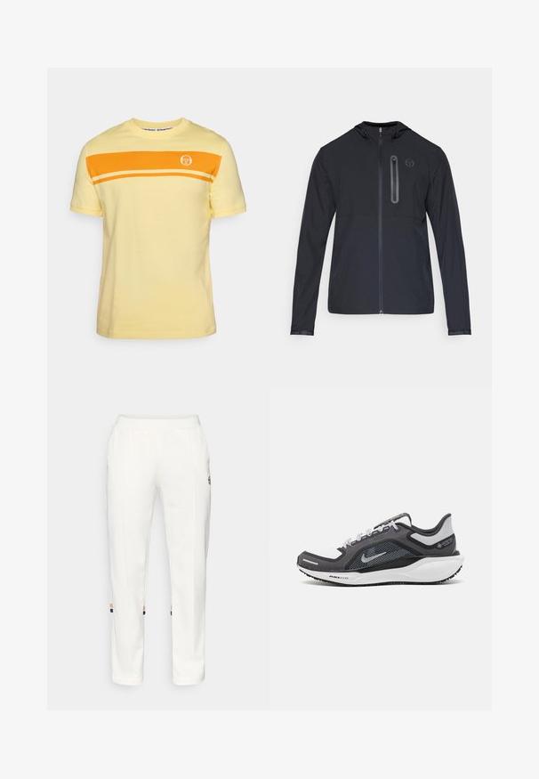 Juodas lengvas gobtuvu užtrauktukas striukė su pilnu priekyje esančiu užtrauktuku ir vertikalia užtrauktuku kišene kairėje krūtinėje, su mažuoju apvaliu logotipu.; Geltona medvilninė marškinėlių su apvaliu kaklu, trumpomis rankovėmis ir oranžine horizontalia juostele per krūtinę su logotipo detale.; Balti sportiniai džinsai pagaminti iš minkštos medžiagos, su šoninėmis kišenėmis ir spalvotomis juostelėmis ties kulkšnimi, turinčiomis oranžinius ir mėlynus akcentus.; Juodas ir pilkas sportinis batelis su tinkleliu viršuje, atspindinčiais akcentais ir balta vidurinė dalimi. Yra tekstūruota guminė išorinė pada ir raišteliai.