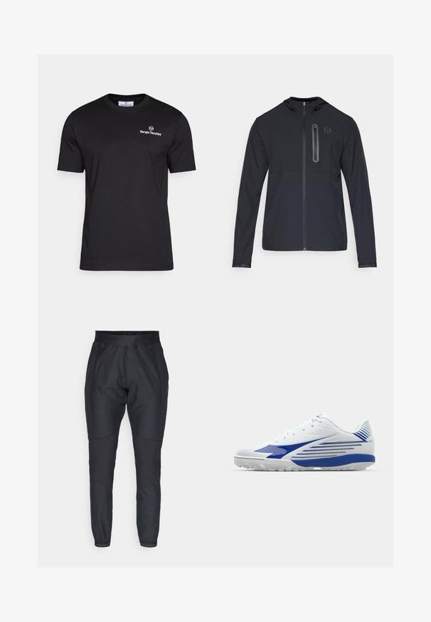 Black lightweight hooded jacket with full front zipper and vertical zip pocket on the left chest, featuring a small circular logo.; Sergio Tacchini BOLD - Basic T-shirt - black/white; Black athletic pants with tapered legs, elastic waistband, and contrasting textured panels. Features logo detailing near the cuffs.; White athletic shoe with blue accents, textured mesh upper, curved design, and rubber outsole with grip patterns. Laced closure for secure fit.