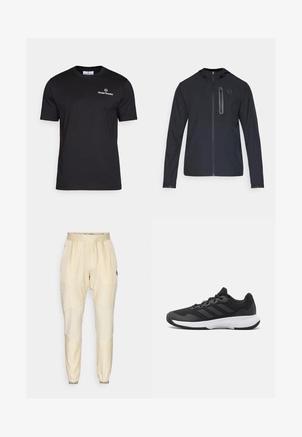 Sort letvægts hættejakke med fuld frontlynlås og lodret lynlås lomme på venstre bryst, der har et lille rundt logo.; Sergio Tacchini BOLD - T-shirts basic - black/white; Lys beige træningsbukser med en glat tekstur, der har kontrasterende paneler, elastisk talje og elastiske cuffs ved anklerne.; Sort atletisk sko med en struktureret overdel, tre vandrette striber og en hvid sål med et mønstret slidbane. Letvægts- og strømlinet design.