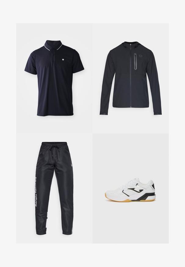 Melna viegla kapucēta jaka ar pilnu priekša rāvējslēdzēju un vertikālu rāvējslēdzēja kabatu kreisajā krūtīs, ar mazu apļa logo.; Tumši zilas īsām piedurknēm polo krekls ar divu pogu aizdari, baltiem apmali uz apkakles un mazu baltu logo kreisajā krūtī.; Melni sporta bikses ar aukliņu jostā, ar baltu zīmolu uz sāniem un kontrastējošiem krāsu paneļiem apakšmalā.; Baltas sporta apavi ar melniem akcentiem, teksturēts sieta augšdaļa, perforācijas gaisa caurlaidībai, bieza gumijas zole un saistoša dizaina.