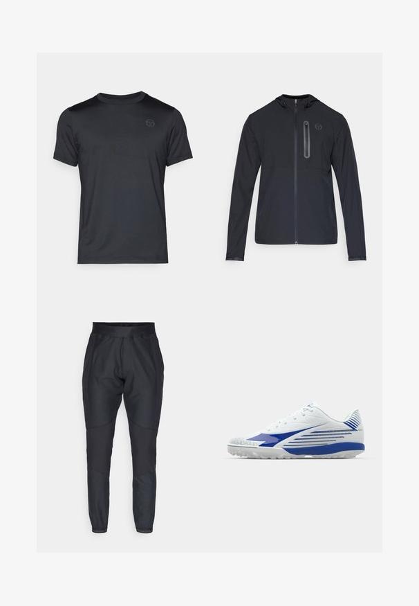 Chaqueta ligera negra con capucha, cierre frontal completo y bolsillo con cremallera vertical en el lado izquierdo del pecho, que presenta un pequeño logo circular.; Camiseta negra de manga corta con cuello redondo, hecha de tejido suave, con un sutil logo en el pecho y bordes de costura limpios.; Pantalones deportivos negros con piernas ajustadas, cinturilla elástica y paneles texturizados en contraste. Presentan detalles de logotipo cerca de los puños.; Zapatilla deportiva blanca con acentos azules, parte superior de malla texturizada, diseño curvado y suela de goma con patrones de agarre. Cierre con cordones para un ajuste seguro.