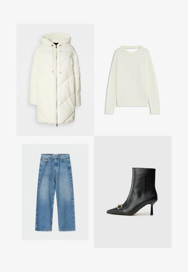 Hvid dunjakke med hætte, prydet med et quiltet diamantmønster, frontlynlås og snoretræk. Glat tekstur og afslappet pasform.; Lys cremesweater med rund hals, lange ærmer, ribbet kant og en blød tekstur. Ingen mønstre eller synlige hardware-detaljer.; Lyst blå denim wide-leg jeans med høj talje, snøre, fem-lomme design og rå kantdetalje.; Sort læder ankelstøvle med spidse tæer, slank hæl i mellemhøjde og sølvspænde detaljer på siden mod en ensfarvet baggrund.