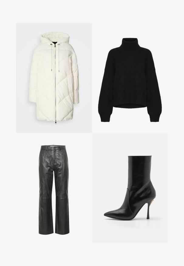 Jachetă pufoasă albă cu glugă, având un model cu diamant matlasat, închidere cu fermoar în față și șnururi de ajustare. Textură netedă și croială relaxată.; Pulover negru cu guler înalt, cu un design scurt, fabricat dintr-un material pufoș. Are mâneci ample și o textură cu nervuri la guler.; Pantaloni largi din piele neagră cu o textură netedă, având un brâu, pliuri frontale și detalii subtile de cusătură.; Cizmă scurtă din piele neagră cu vârf ascuțit, textură netedă și toc înalt stiletto. Prezintă o fanta în față și accente din metal aurit.