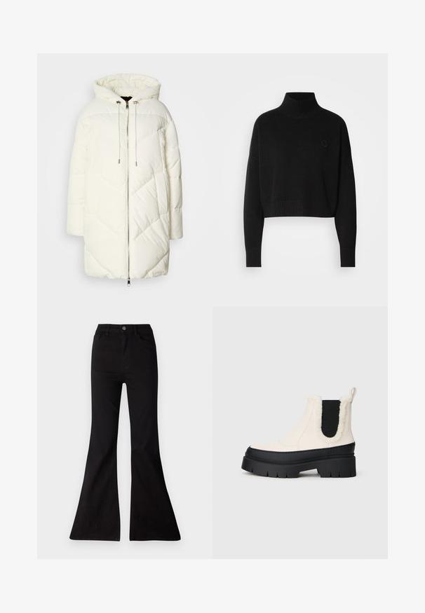 Bílá péřová bunda s kapucí, s prošívaným diamantovým vzorem, předním zipem a stahovacími šňůrkami. Hladká textura a volný střih.; Černý zkrácený svetr, žebrovaný rolák, dlouhé rukávy, pletená textura, s malým logem na hrudi.; Černé rozšířené džíny vyrobené z denimu, se zvýšeným pasem, předními kapsami a velkým otevíráním na lemech pro široký střih nohavic.; Masivní platformové kotníkové boty s bílým svrškem, černou gumovou podešví a kontrastními černými elastickými bočními panely. Umělá kožešina na horním okraji.