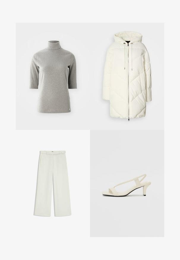 Hvid dunjakke med hætte, prydet med et quiltet diamantmønster, frontlynlås og snoretræk. Glat tekstur og afslappet pasform.; Lys grå rullekravebluse med trekvart ærmer, ribbet struktur, lige pasform og en rund kant. Har et lille hvidt logo på siden.; Bredde bukser i lys cremefarvet stof, med sidelommer, flad front og en enkelt knaplukning i taljen. Glat tekstur.; Beige blokhælede sandaler med tynde remme og en firkantet tå. Glat materiale med minimal detaljering, designet til nem brug.