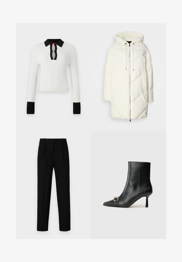 White puffer jacket with a hood, featuring a quilted diamond pattern, front zipper closure, and drawstrings. Smooth texture and relaxed fit.; White ribbed knit top with a black collar and cuffs, featuring a keyhole neckline detail. Long sleeves and fitted design.; Black tailored trousers with a straight fit, pleated front, polished fabric, and a medium waistband. No visible pockets or hardware details.; Black leather ankle boot with pointed toe, slim mid-height heel, and silver buckle detail on side against plain background.