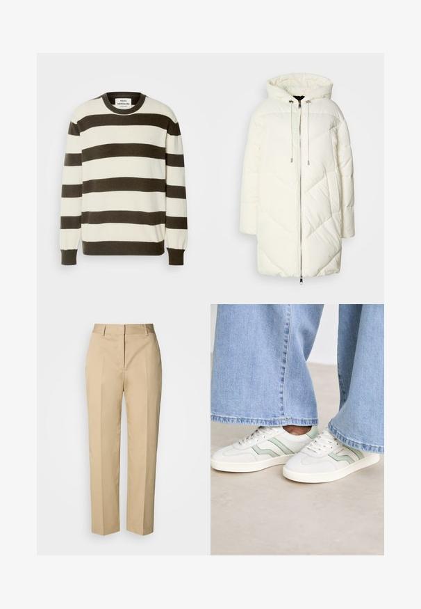 Valge puffjope kapuutsiga, millel on suretatud teemantmuster, esine lukuga sulgemine ja kummutustega. Sile tekstuur ja vabalt voolav lõige.; Kudu kreemjas värvitoonis villane sviiter, millel on tumepruunid horisontaalsed triibud. Omab ümmargust kaelust ja soonikkoes mansette. Pehme tekstuur, regulaarne sobivus.; Beežid sirge lõikega püksid vööaasa ja esikortseriga, peidetud kinnitusega, valgel taustal.; Valged spordijalatsid heleda rohelise aktsendiga, tekstureeritud nahast ja lame kummist tallaga. Kombineeritud laiade jalgade denimpükstega.