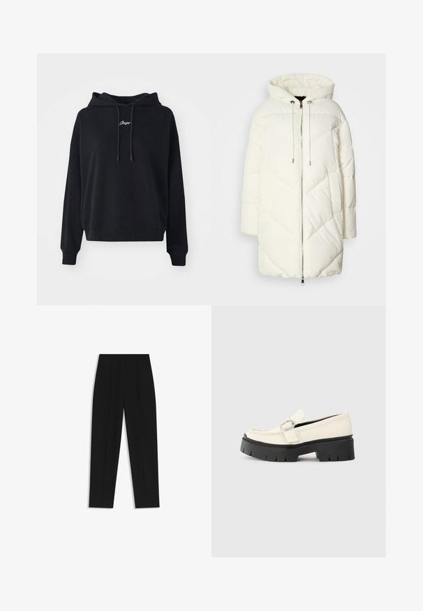 Weißer Pufferjacke mit Kapuze, ausgestattet mit einem gesteppten Rautenmuster, vorderem Reißverschluss und Kordelzügen. Glatte Textur und lockere Passform.; Schwarzer Kapuzenpullover aus weichem Stoff, mit Kordelzugkapuze, lockerem Schnitt und gesticktem Text auf der Vorderseite. Gerippter Saum und Bündchen.; Schwarze Hose mit geradem Schnitt, doppelten Falten, einer glatten Textur und einem klassischen Bunddesign. Keine sichtbaren Beschläge oder Akzente.; Weißer Lederloafer mit einer klobigen schwarzen Plateausohle, ausgestattet mit einer rechteckigen silbernen Schnalle und sichtbaren Nähten im Obermaterial.