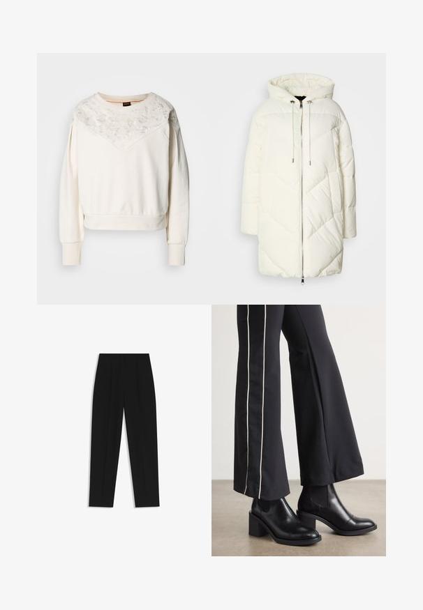 White puffer jacket with a hood, featuring a quilted diamond pattern, front zipper closure, and drawstrings. Smooth texture and relaxed fit.; White sweatshirt with long sleeves, featuring a floral embroidered pattern at the yoke, ribbed cuffs, and a relaxed fit.; Black trousers with a straight fit, featuring double pleats, a smooth texture, and a classic waistband design. No visible hardware or accents.; Black leather ankle boots with a block heel, featuring elastic side panels. Paired with black pants that have a white side stripe.