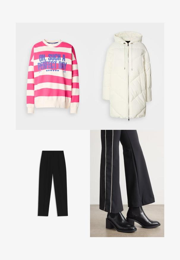 White puffer jacket with a hood, featuring a quilted diamond pattern, front zipper closure, and drawstrings. Smooth texture and relaxed fit.; Pink and white striped sweatshirt with a round neck, long sleeves, and blue text reading "OH, SUCH A PERFECT DAY." Soft cotton material.; Black trousers with a straight fit, featuring double pleats, a smooth texture, and a classic waistband design. No visible hardware or accents.; Black leather ankle boots with a block heel, featuring elastic side panels. Paired with black pants that have a white side stripe.