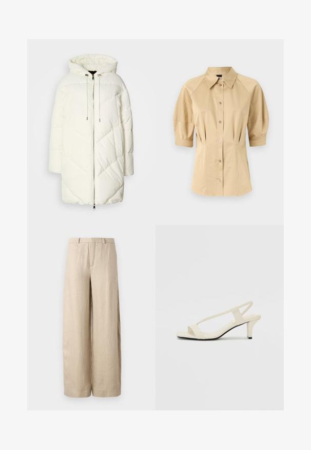 Weißer Pufferjacke mit Kapuze, ausgestattet mit einem gesteppten Rautenmuster, vorderem Reißverschluss und Kordelzügen. Glatte Textur und lockere Passform.; Beige Hemd mit kurzen Puffärmeln, einem breiten Kragen und Nahtdetails. Aus glattem Stoff gefertigt mit durchgehender Knopfleiste vorne.; Beige, weit geschnittene Hosen aus Leinen. Mit einer Vorderfalte, zwei Seitentaschen und einem Bund mit Gürtelschlaufen. Glatte Textur.; Beige Blockabsatzsandalen mit dünnen Riemen und quadrater Spitze. Glattes Material mit minimalem Design, entworfen für einfaches Tragen.