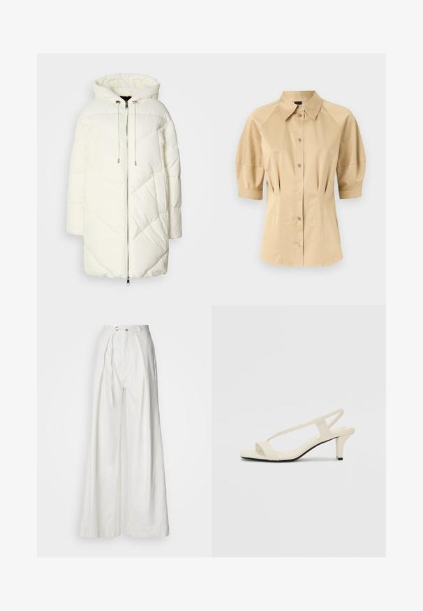 White puffer jacket with a hood, featuring a quilted diamond pattern, front zipper closure, and drawstrings. Smooth texture and relaxed fit.; Beige button-up shirt with short puff sleeves, a spread collar, and seam detailing. Made of smooth fabric with front button closure.; White, wide-leg trousers made of lightweight fabric. Features a front belt loop, long tie belt, and subtle pleats for a relaxed fit.; Beige block-heeled sandals with thin straps and a square toe. Smooth material with minimal detailing, designed for easy wear.