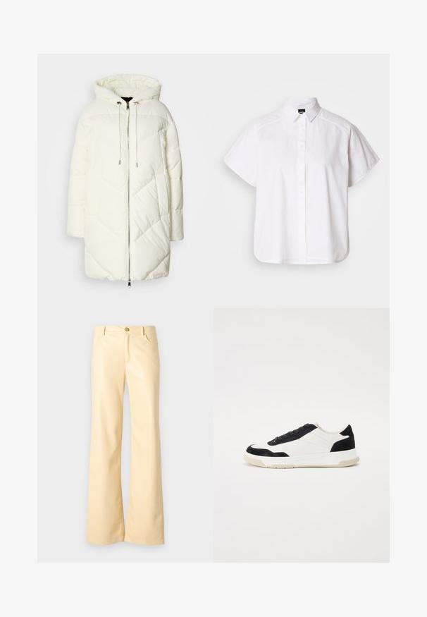 Fehér pufi dzseki kapucnival, steppelt gyémántmintával, elöl cipzárral és húzózsinórokkal. Sima felszín és laza szabás.; Fehér, rövid ujjú, gombos ing, hegyes gallérral és ívelt alsó résszel. Pamutból készült, sima textúrával és látható minták nélkül.; Széles lábú nadrág halvány sárga színben, sima, fényes anyagból készült. Elöl gombos, két oldalsó zsebbel és egyenes szabással rendelkezik.; Fehér bőr felsőrészű sportcipők, fekete velúr díszítéssel és texturált gumitalppal. Fűzős kialakítással és varrott részletekkel rendelkezik.