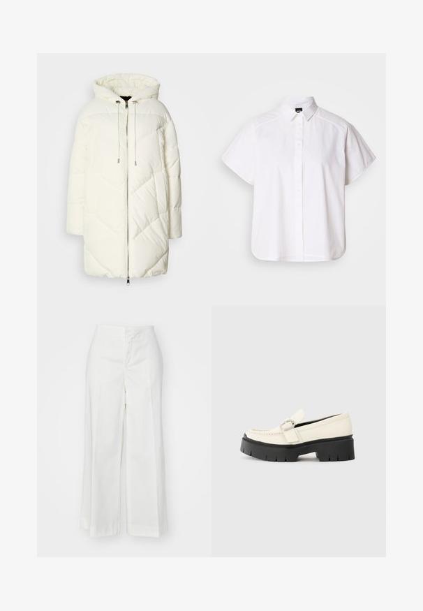 Biely prešívaný kabát s kapucňou, so štruktúrovaným diamantovým vzorom, predným zipsom a stiahnutím. Hladká textúra a voľný strih.; Biela krátka košeľa s krátkym rukávom a výstrihom do špica, s oblým lemom. Vyrobená z bavlny s hladkou textúrou a bez viditeľných vzorov.; Biele široké nohavice vyrobené z bavlny s hladkou textúrou. Majú vysoký pás, rovný strih a olemované okraje.; Biele kožené mokasíny s robustnou čiernou platformou, zdobené obdĺžnikovou striebornou prackou a viditeľným šitím na vrchnej časti.