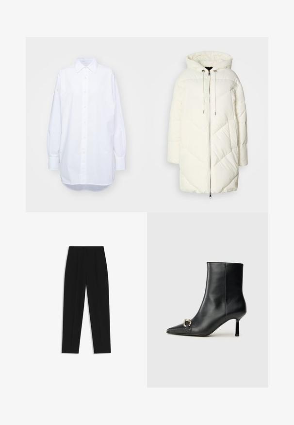 White puffer jacket with a hood, featuring a quilted diamond pattern, front zipper closure, and drawstrings. Smooth texture and relaxed fit.; White long-sleeve button-up shirt made of crisp cotton. Features a pointed collar, button front, and rounded hemline.; Black trousers with a straight fit, featuring double pleats, a smooth texture, and a classic waistband design. No visible hardware or accents.; Black leather ankle boot with pointed toe, slim mid-height heel, and silver buckle detail on side against plain background.