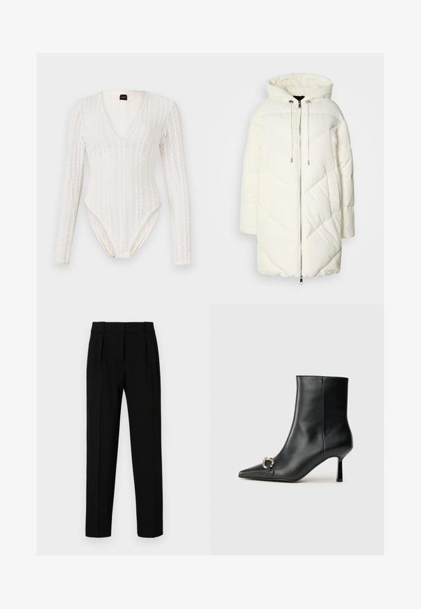 Hvid dunjakke med hætte, prydet med et quiltet diamantmønster, frontlynlås og snoretræk. Glat tekstur og afslappet pasform.; Hvid langærmet bodystocking med dyb V-hals, tekstureret strikket mønster og tætsiddende silhuet med trykknaplukning i bunden.; Sorte skræddersyede bukser med lige pasform, plisseret front, poleret stof og en medium talje. Ingen synlige lommer eller hardware-detaljer.; Sort læder ankelstøvle med spidse tæer, slank hæl i mellemhøjde og sølvspænde detaljer på siden mod en ensfarvet baggrund.