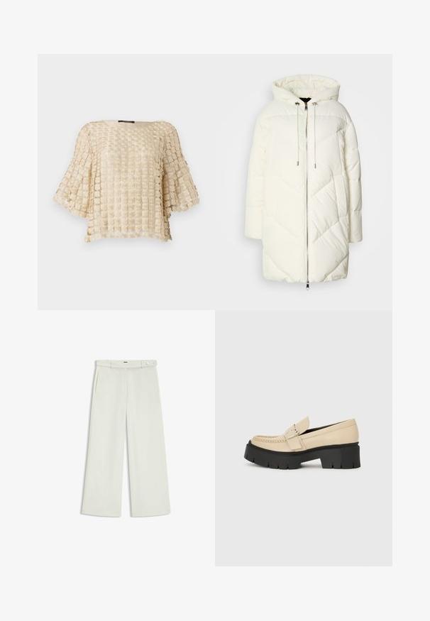 Vit puffjacka med huva, med ett kviltat diamantmönster, dragkedjestängning fram och snoddar. Slät textur och avslappnad passform.; Beige blus med ett mönster av texturerade blommor, med vida ärmar och rundad halslinning. Tillverkad av lätt, broderad tyg.; Vita byxor i ljus krämig tyg, med sidofickor, platt fram och en enda knappstängning vid midjan. Slät struktur.; Beige läderloafers med svart kraftig sula, med en dekorativ spänne och sömdetaljer på framsidan. Sidovy.