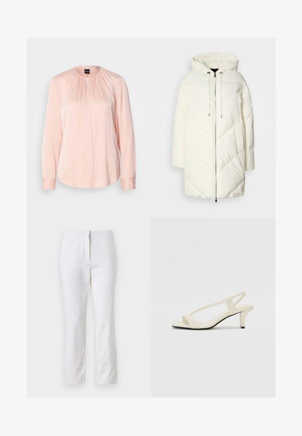 Balts pūkains jaka ar kapuci, ar izšūtu dimanta rakstu, priekšējo rāvējslēdzēju un auklām. Gluda tekstūra un brīva piegrieztne.; Gaiši rozā blūze ar pleitotu dizainu, garām piedurknēm, apaļu dekoltē un pogu aprocēm. Izgatavota no gludas, mīkstas auduma.; Baltas kokvilnas bikses ar taisnu kāju dizainu, ar vidēju augstumu un bez redzamām detaļām vai rakstiem. Visā virsmā ir gluda tekstūra.; Beige bloku papēžu sandales ar plānām siksnām un kvadrāta formas purngalu. Gluda materiāla virsma ar minimālām detaļām, paredzētas ērtai nēsāšanai.