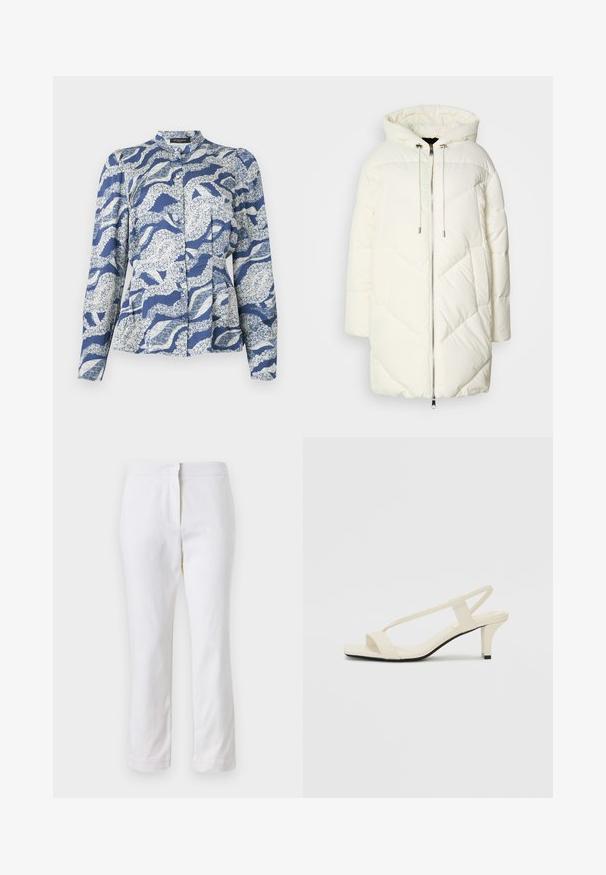 Balta pūkinė striukė su gobtuvu, su siuvinėtu deimantiniu raštu, priekinis užtrauktukas ir virvutės. Lygus paviršius ir laisvas fasonas.; Mėlyna bluzonė su baltu bangų raštu, su mygtukų užsegimu, apvalia apykakta ir ilgomis rankovėmis. Pagaminta iš tekstūrinės medžiagos.; Balti medvilniniai kelnių su tiesiu kojų dizainu, turintys vidutinį liemenį ir be matomų detalių ar raštų. Lygi tekstūra visame paviršiuje.; Kreminės blokų kulno šlepetės su plonomis dirželiais ir kvadratiniu pirštu. Lygus medžiaga su minimaliais akcentais, sukurtos lengvam dėvėjimui.