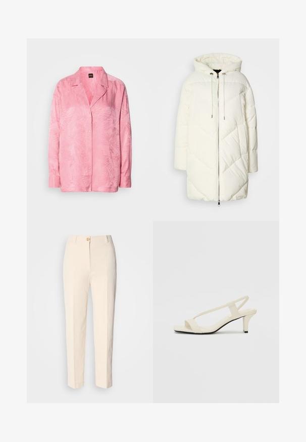 Hvit puffjakke med hette, med et quiltet diamantmønster, frontlukking med glidelås og snorer. Jevn tekstur og avslappet passform.; Lys rosa knapp-up skjorte med et subtilt palmebladmønster. Laget av et glatt stoff med en avslappet passform og klassisk kragedesign.; Kremfargede, høy-taljede bukser laget av teksturert stoff. Har lukking med frontknapp og avsmalnende ben.; Beige blokk-høydesandaler med tynne stropper og firkantet tå. Glatt materiale med minimale detaljer, designet for enkel bruk.